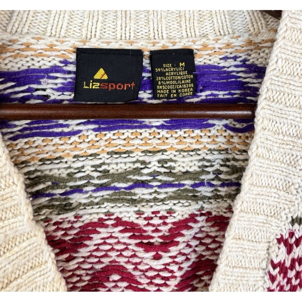 Vintage 90s Fair Isle Cotton/Wool Sweater Cream Multicolor Deep V-Neck Apres Ski - Picture 2 of 6